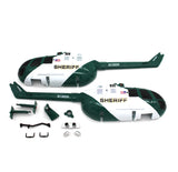 Sheriff-themed RC helicopter canopy body shell set in green and white, with parts
