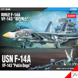 1/72 USN F-14A VF-143 plastic model kit box with Academy branding and aircraft artwork.