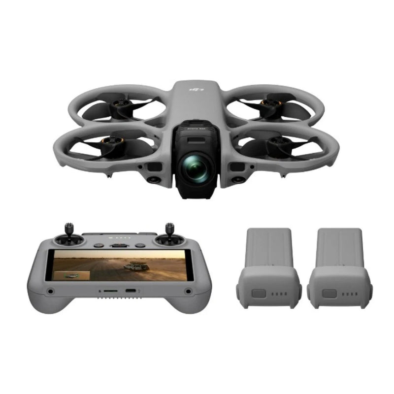 FPV drone kit with controller and two spare batteries, front camera visible