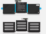 MacBook Pro battery pack with two side sections and central label, flat connectors visible