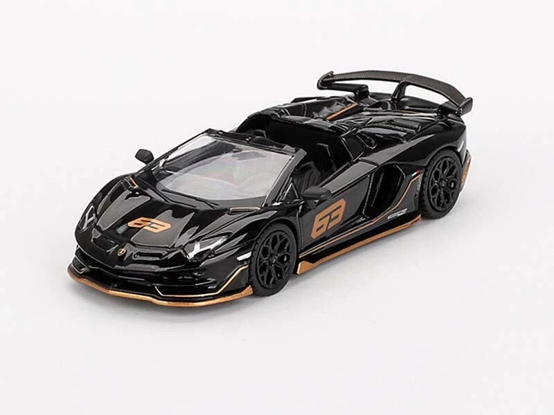 Lamborghini Aventador SVJ 63 Roadster black 1:64 scale model with orange accents, open-top