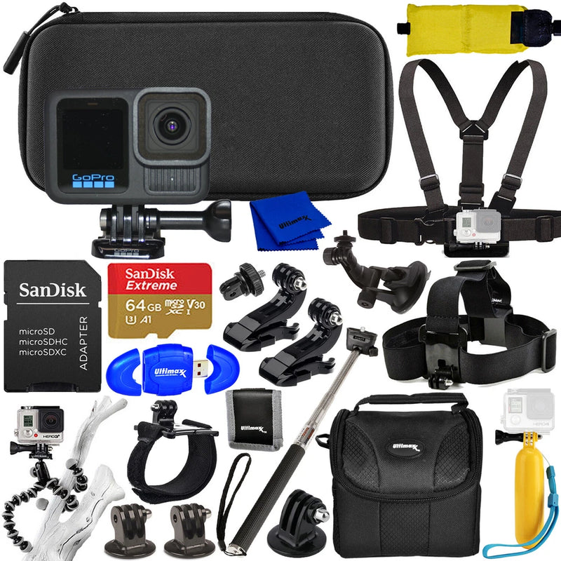 Black action camera accessory bundle with case, mounts, straps, and handheld stick