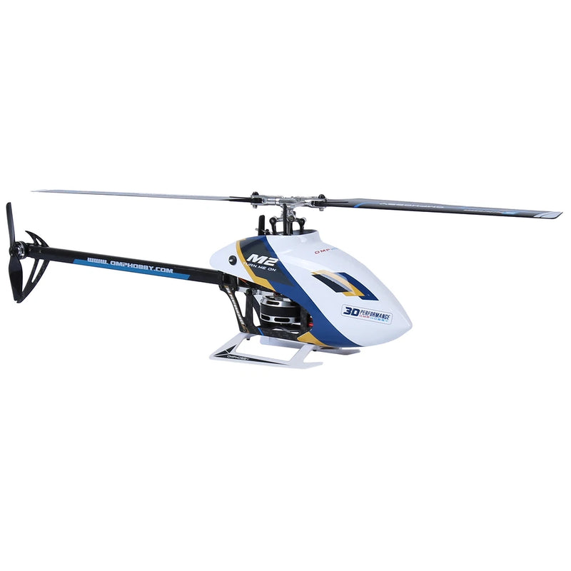 White and blue RC helicopter with single main rotor and tail boom