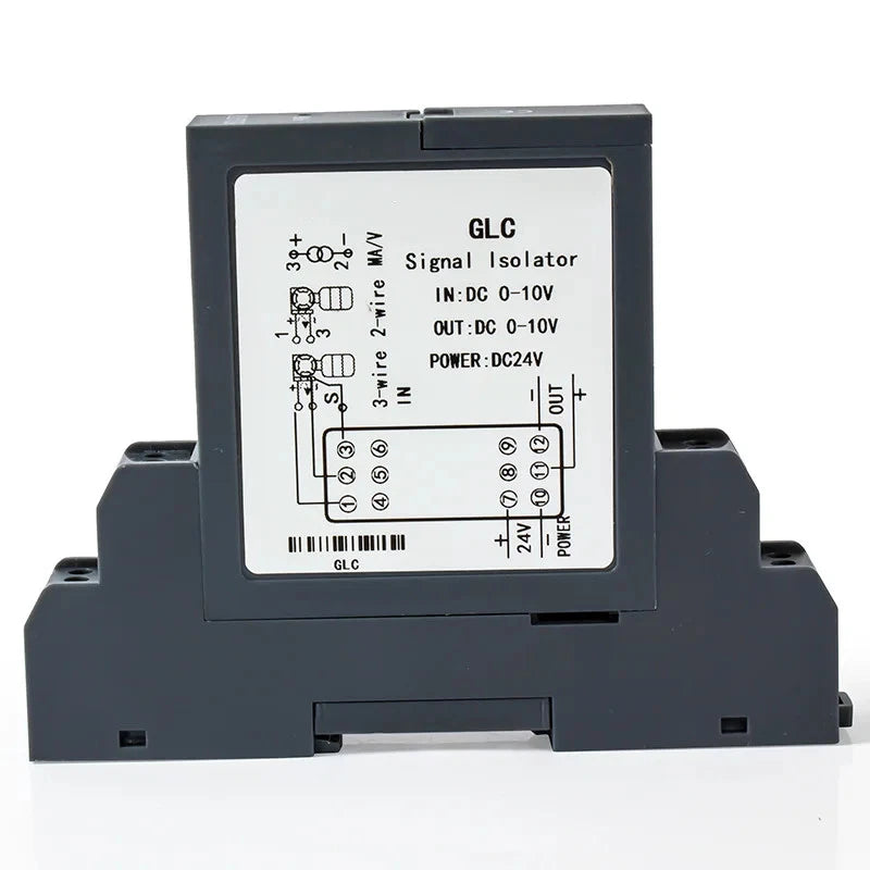 DC signal isolator converter with front label and wiring terminal blocks, black DIN-rail unit