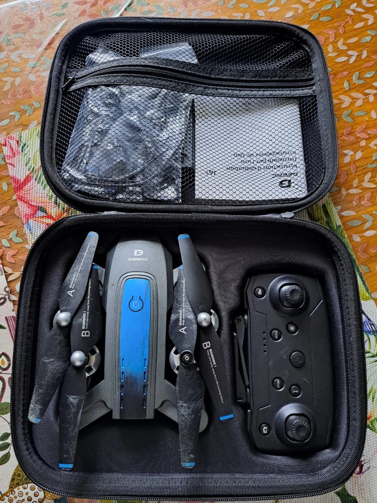 Used DEERC semi-professional drone in black hard case with controller and parts