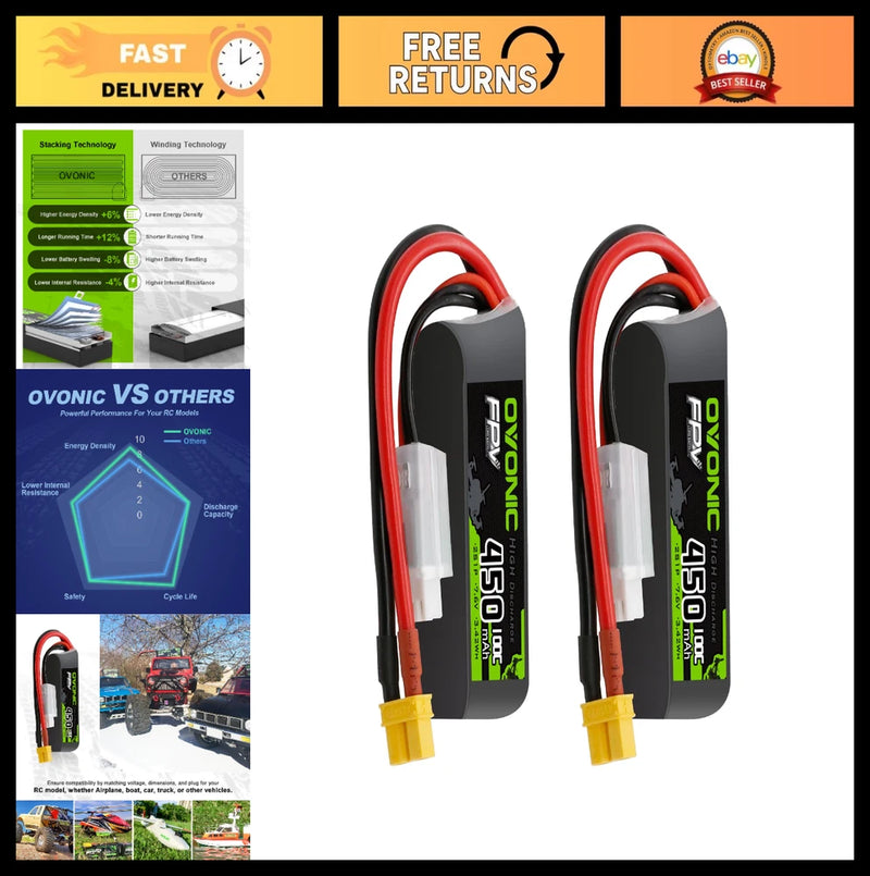 High-Performance 7.6V 100C 450mAh 2S Lipo Battery with XT30 Plug - 2 Pack Battery