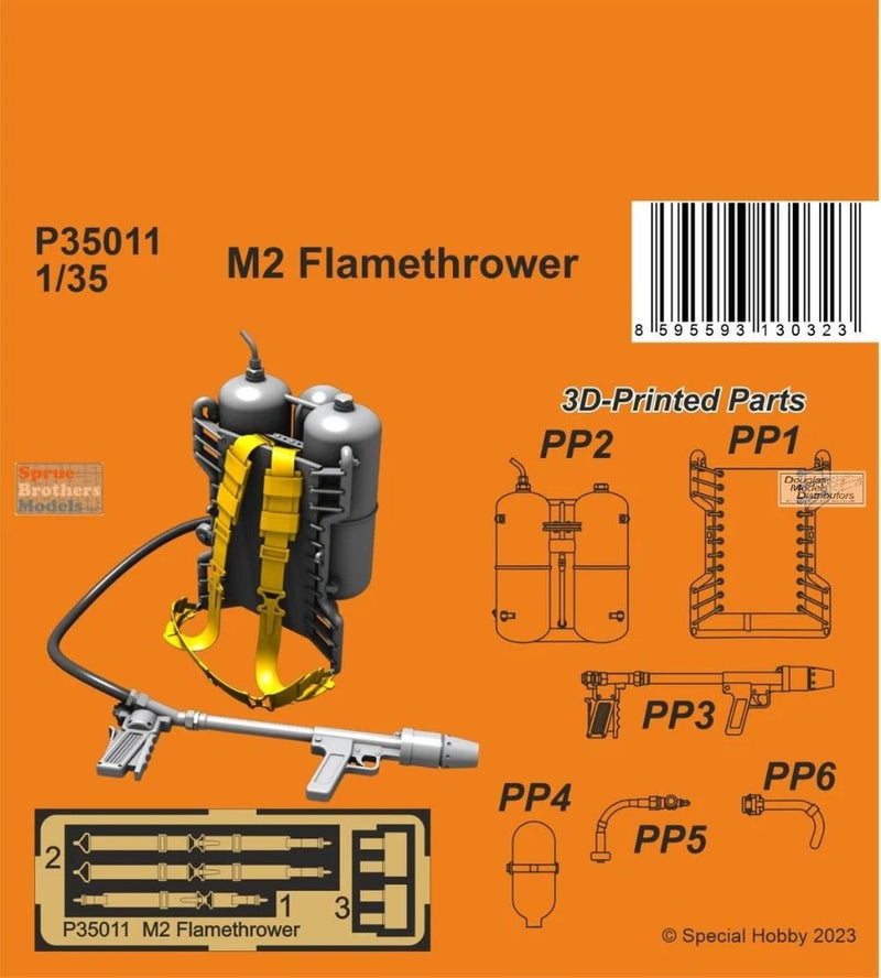 1/35 M2 flamethrower model kit with 3D-printed parts and diagram