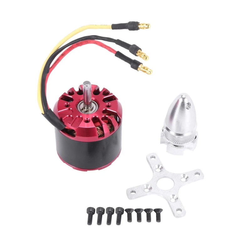 RC brushless motor with red housing, three-wire leads, prop adapter and mounting screws