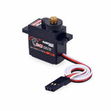 Black metal steering servo with gold output shaft and white/red wire harness, black plug