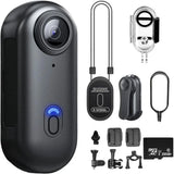 Black thumb action camera with 256GB microSD and mounting accessories, waterproof case.