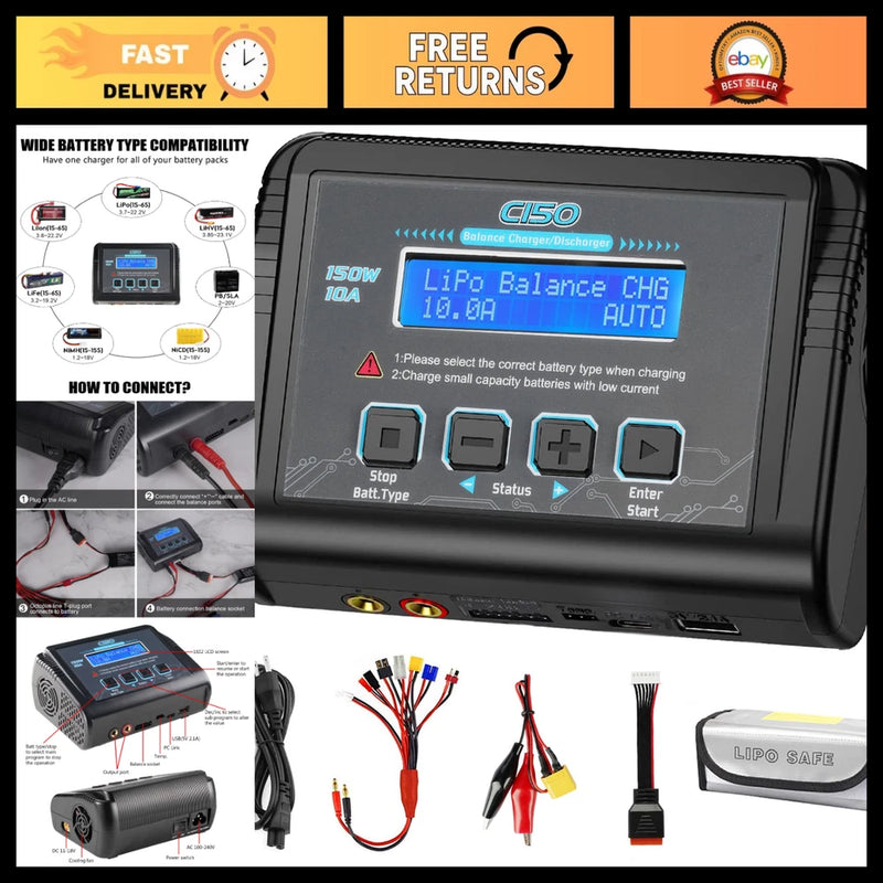 150W 10A Fast Balance LiPo Battery Charger for RC Cars & Drones - High Power Battery