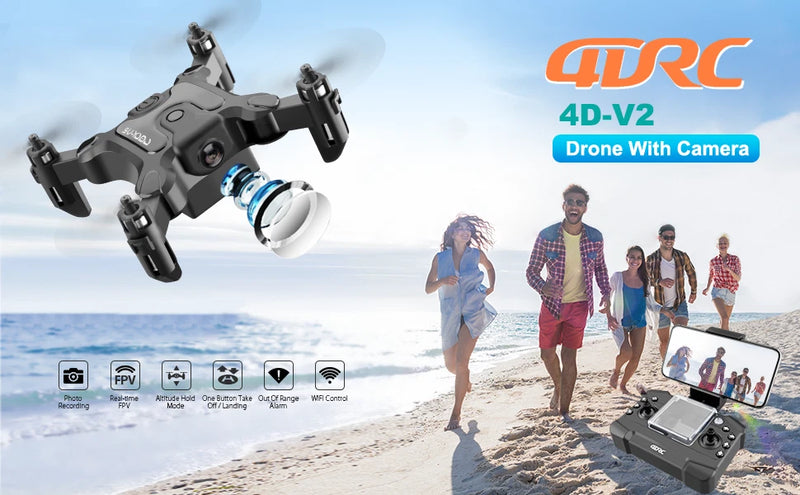 Mini quadcopter drone with foldable arms and front camera, gray body
