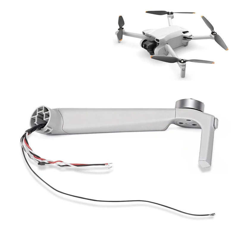 White front left drone motor arm assembly with attached motor and wiring harness
