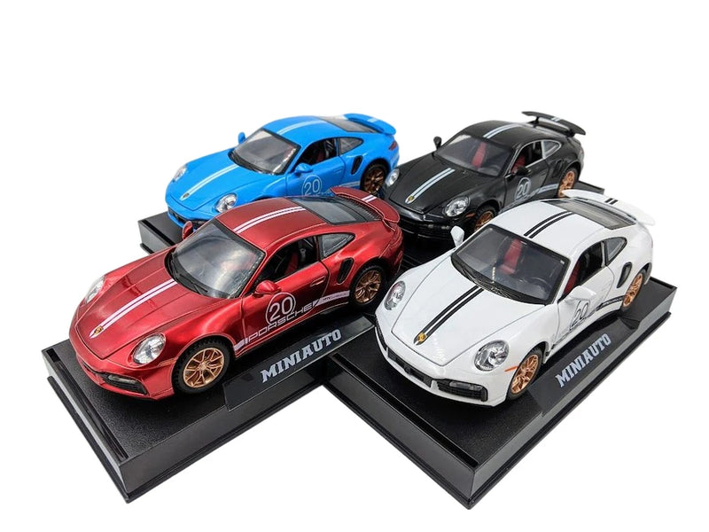 Porsche 911 Turbo S die-cast car set with four 1:32 models: blue, red, black, white.