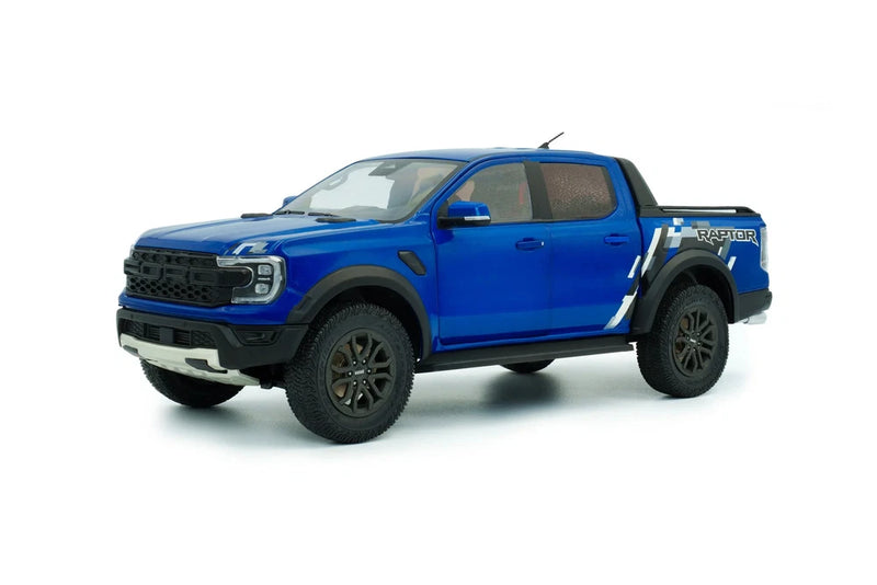 Blue Solido 2024 Ford Ranger Raptor pickup truck model, front 3/4 view, black wheels