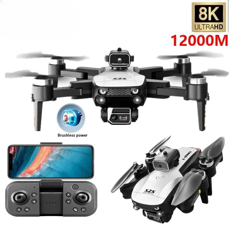 Quadcopter drone with dual camera module and four propellers, white and black
