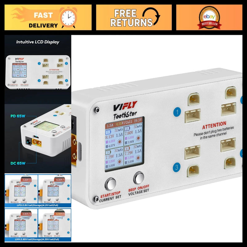 4-Port 2S LiPo Balance Charger with Storage Mode, Smart Charging for RC Batterie Battery