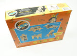 Kids battery-operated wooden model T-Rex dinosaur kit box, orange with assembly diagrams