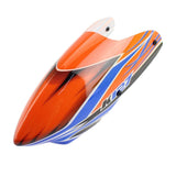 RC helicopter canopy shell in orange with blue stripe and clear window
