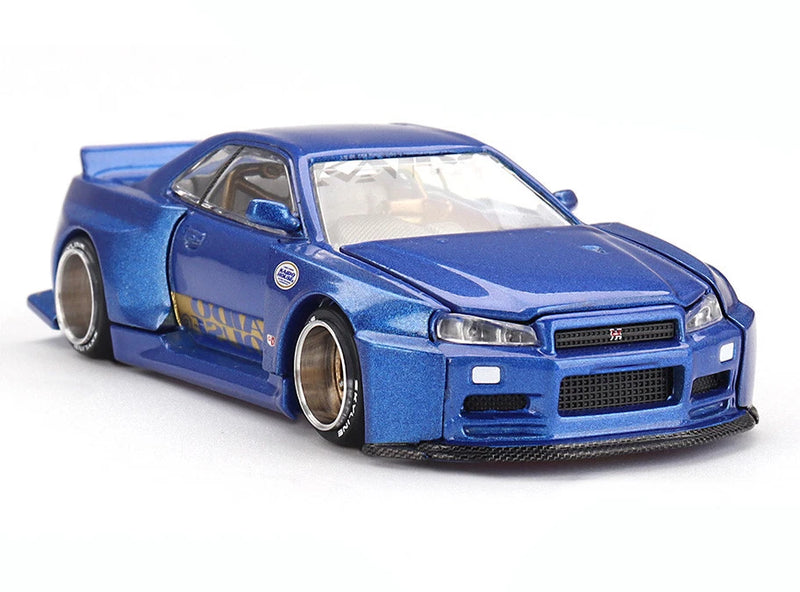 Mini GT die-cast model car, blue Nissan Skyline GTR R34, front 3/4 view