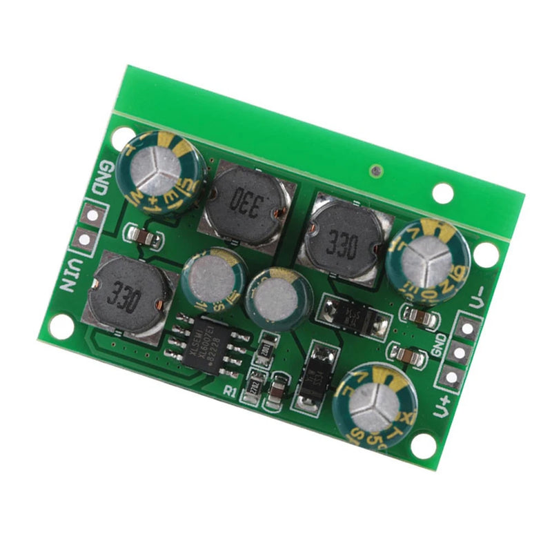 DC-DC positive and negative voltage boost converter module, green PCB with ICs and capacitors