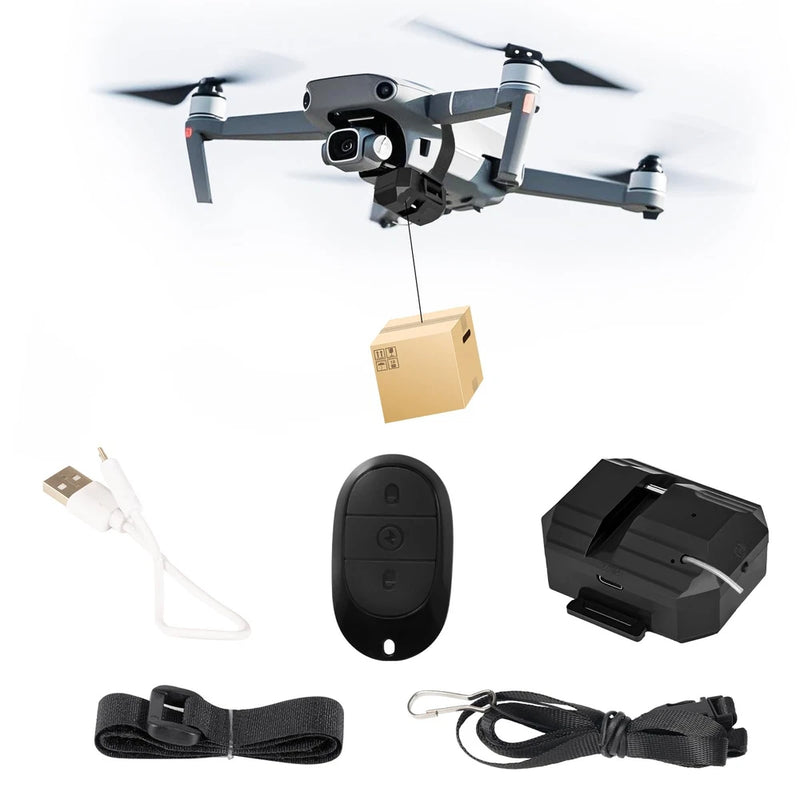 Universal drone airdrop system kit with controller, box, transmitter, straps, and cable