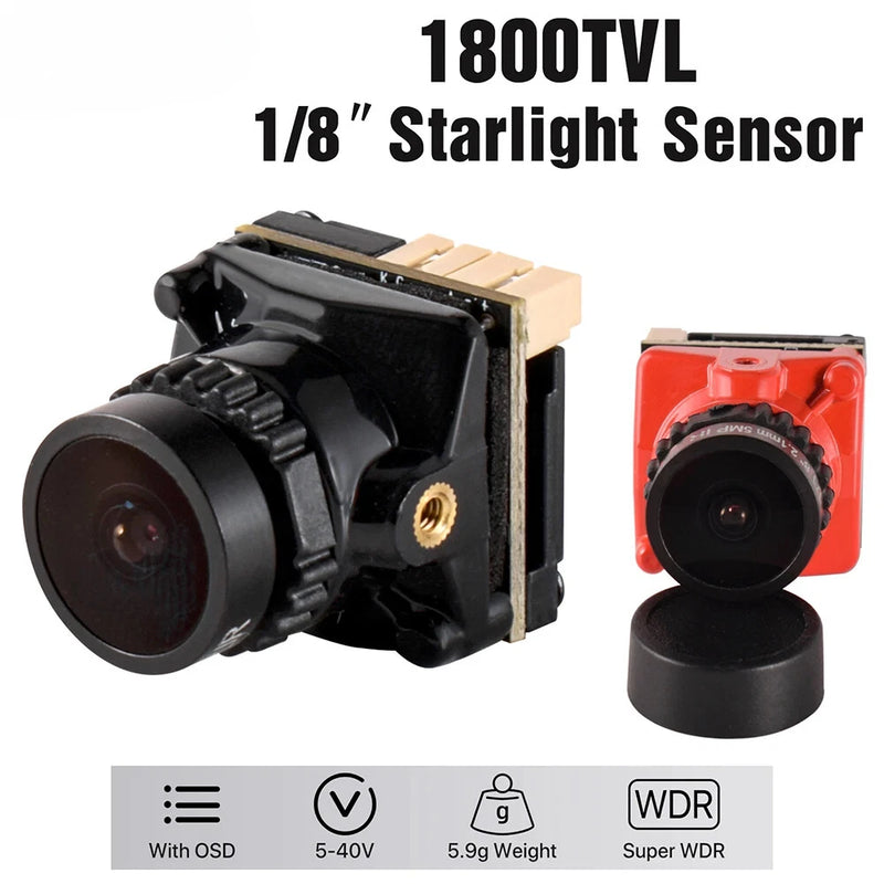 FPV camera module with 1/8" Starlight sensor and black lens, red housing