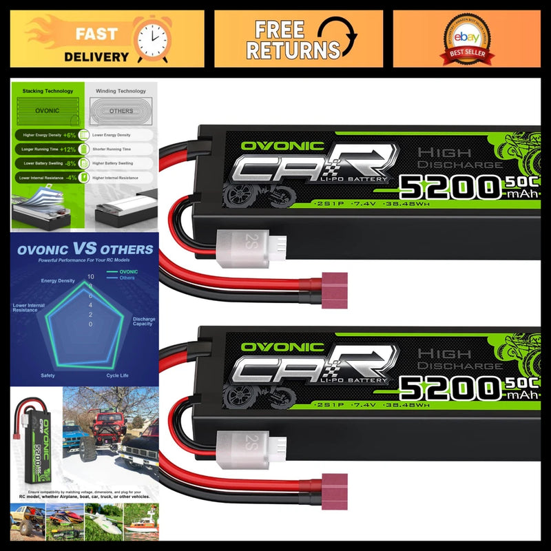 High-Capacity 5200mAh 7.4V Lipo Battery 2s with Dean Connector for RC Cars, Truc Battery