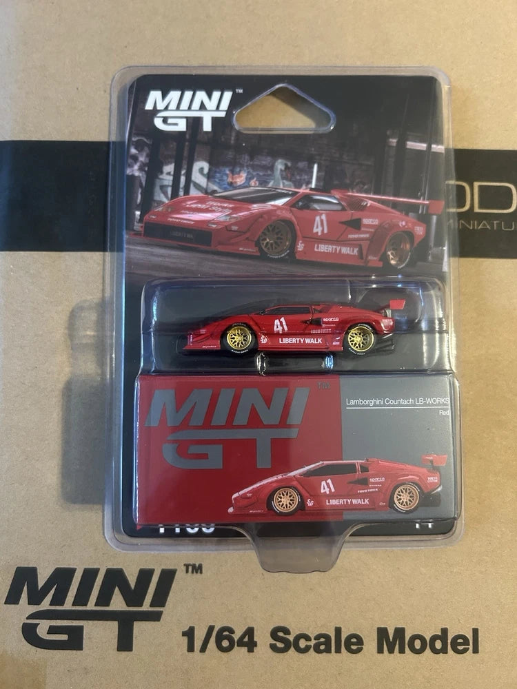 Red 1:64 scale Lamborghini Countach LB-WORKS model car in MINI GT blister pack