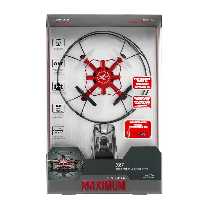 Red 360° roll hand-motion drone in retail box with rotating propeller frame