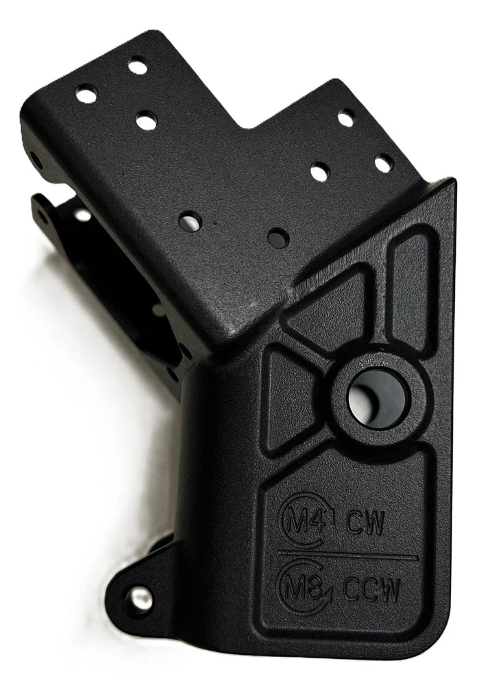 Black metal aircraft arm connector bracket with mounting holes