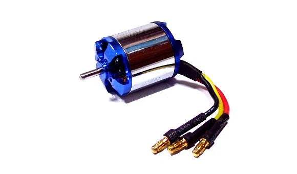 RC brushless outrunner motor with blue end bell, silver body, shaft, and three-wire connector