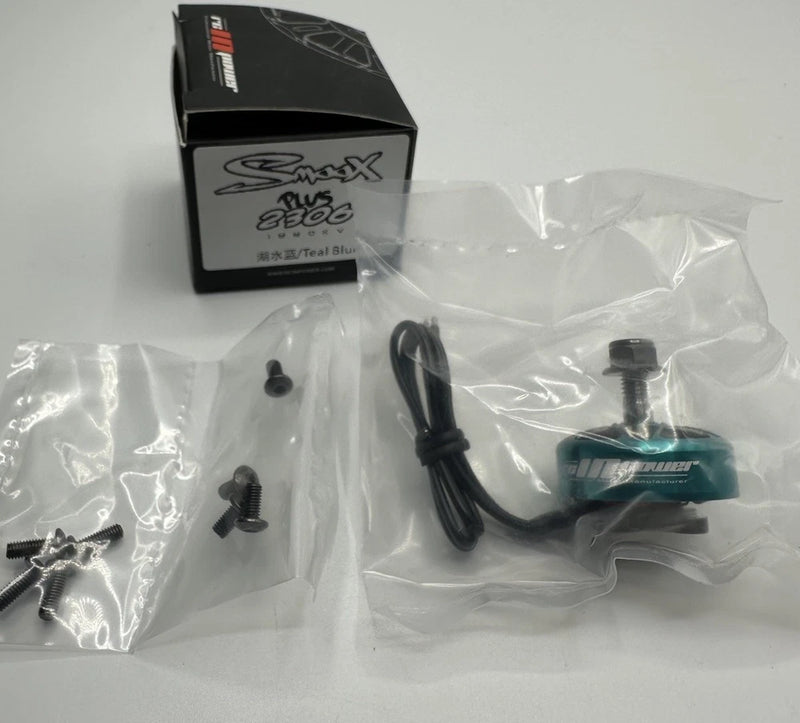Teal brushless drone motor with wires and mounting screws