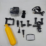 Action camera in clear housing with mounts, cables, and yellow float accessory