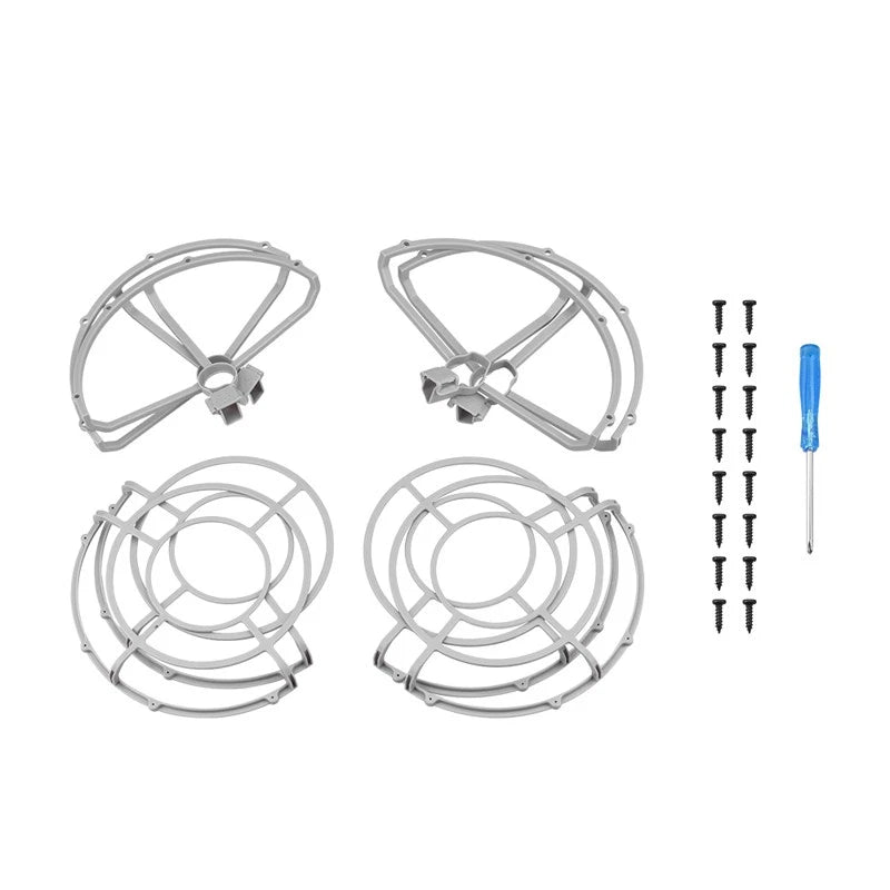 Propeller guard blades set with gray guards, screws, and blue screwdriver