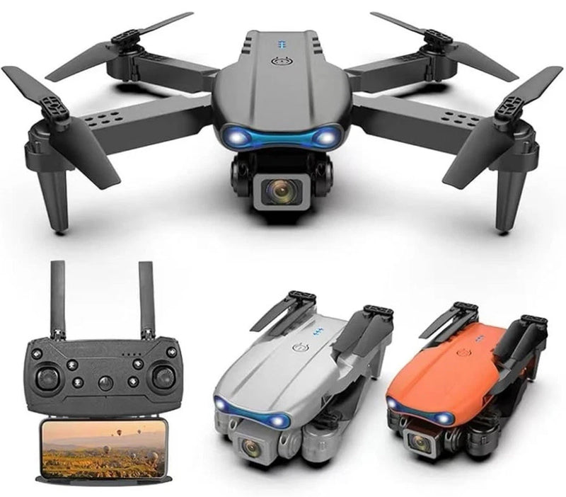 Foldable quadcopter drone with 4K camera, front view, blue status lights and propellers