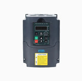 VFD inverter motor controller with LCD display, buttons, and warning label