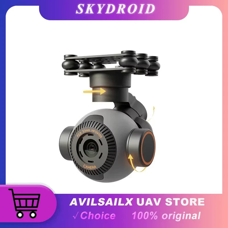 Black 3-axis gimbal camera with front lens and side housing, showing swivel angles