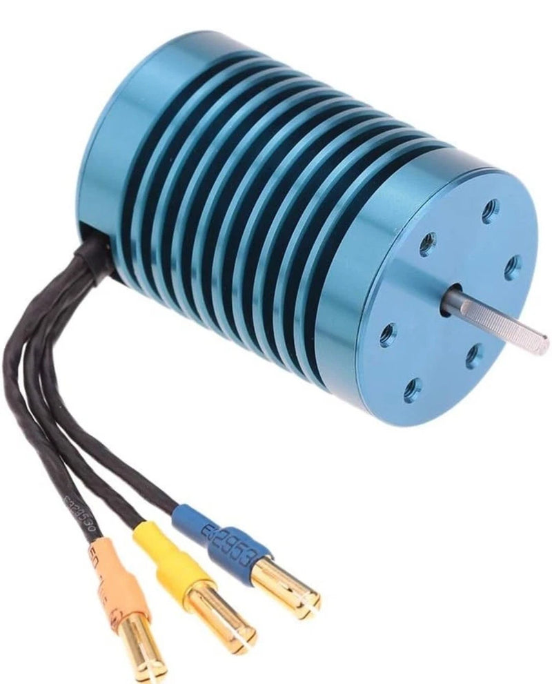 Blue sensorless brushless RC motor with finned cylinder, shaft, and three wire connectors