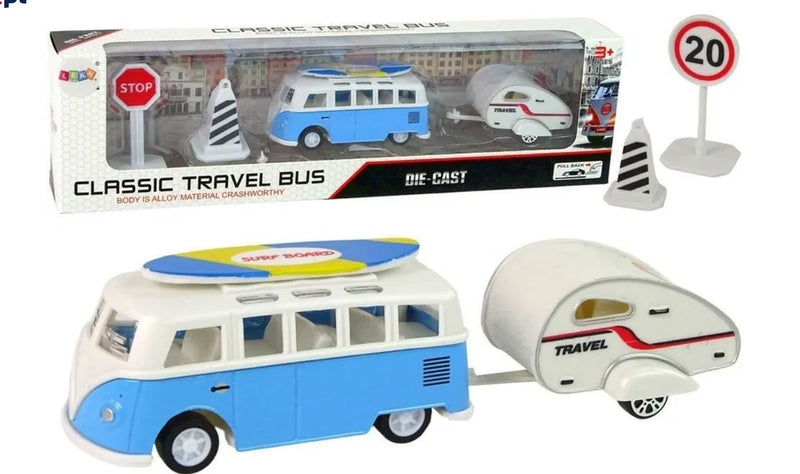 Classic Travel Bus with Camping Model Toy Blue or Red Diecast Pull Back1:64-1:87