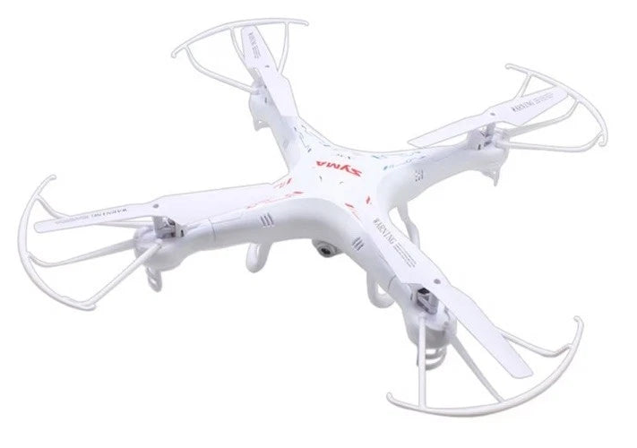 White 4-rotor RC quadcopter with prop guards and front camera.