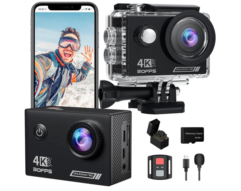 Yolansin 4K30FPS Action Camera with 64GB SD Card, Pre-Recording 20MP Underwater