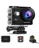 Waterproof action camera with clear housing, 4K WiFi badge, and wide lens