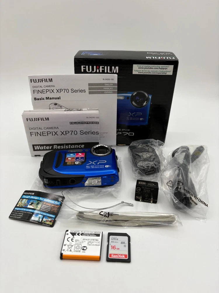 Fujifilm FinePix XP70 16.4MP Waterproof Compact Digital Camera Blue Bundle MINT
