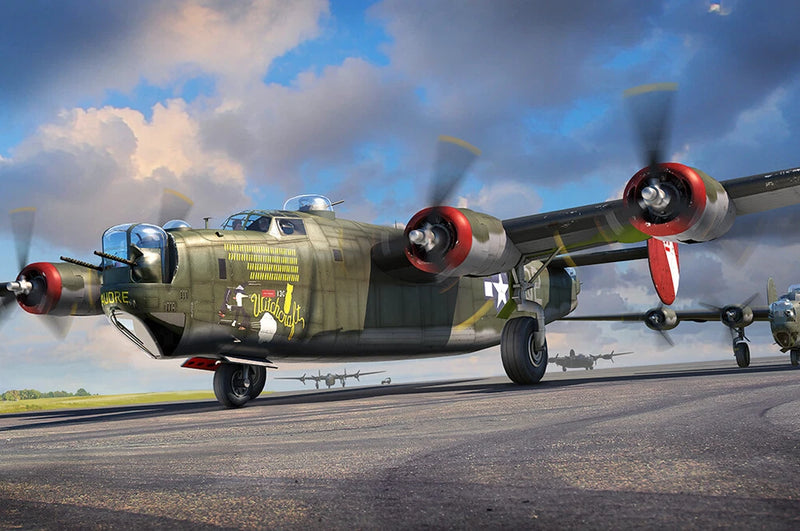 HobbyBoss 1/48 B-24J Liberator model kit, olive-green four-engine bomber side view
