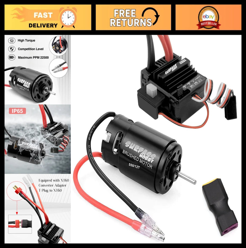 12T Brushed 550 Motor & 80A ESC Set for 1/10 RC Truck Car, T-XT60 Adapter Converter