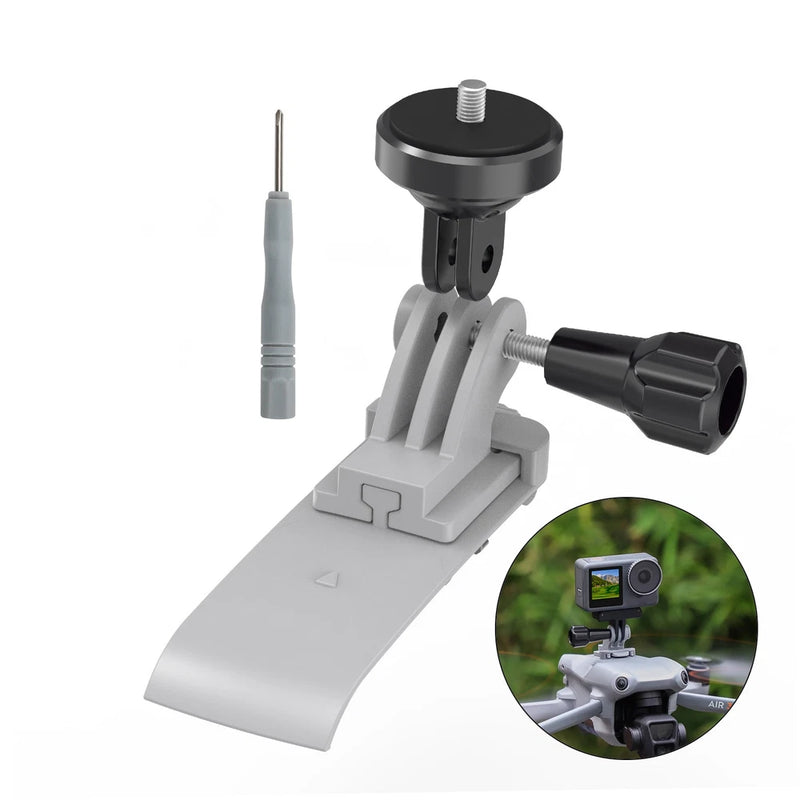 Action camera adapter mount bracket with black circular knob and grey arm