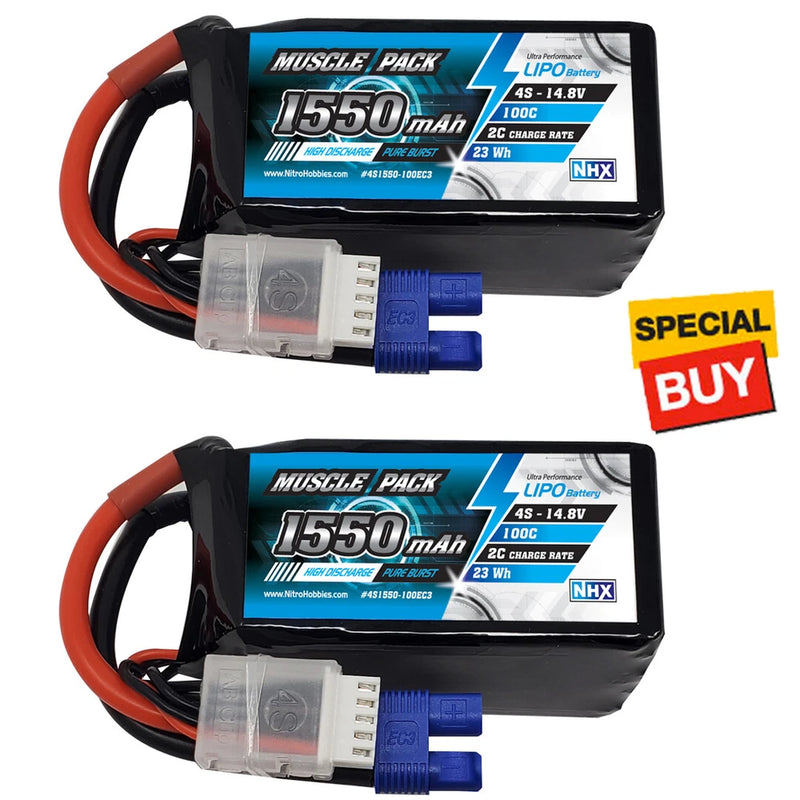 NHX Muscle Pack 4S 14.8V 1550mAh 100C Lipo Battery (2) w/EC3 Connector FPV Drone Battery