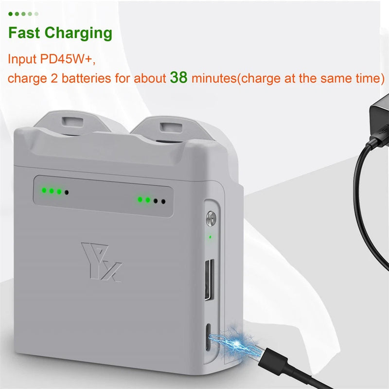 Dual USB battery charger with LED indicators and USB port, light grey