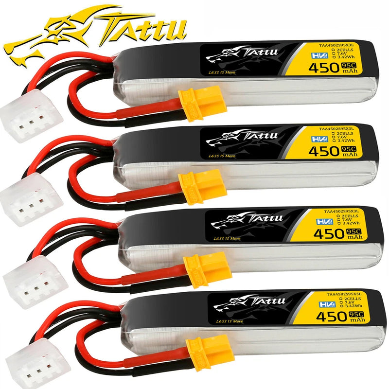4X Tattu 450mAh 95C 7.6V HV 2S Lipo Battery XT30 Plug-Long For RC FPV Quadcopter
